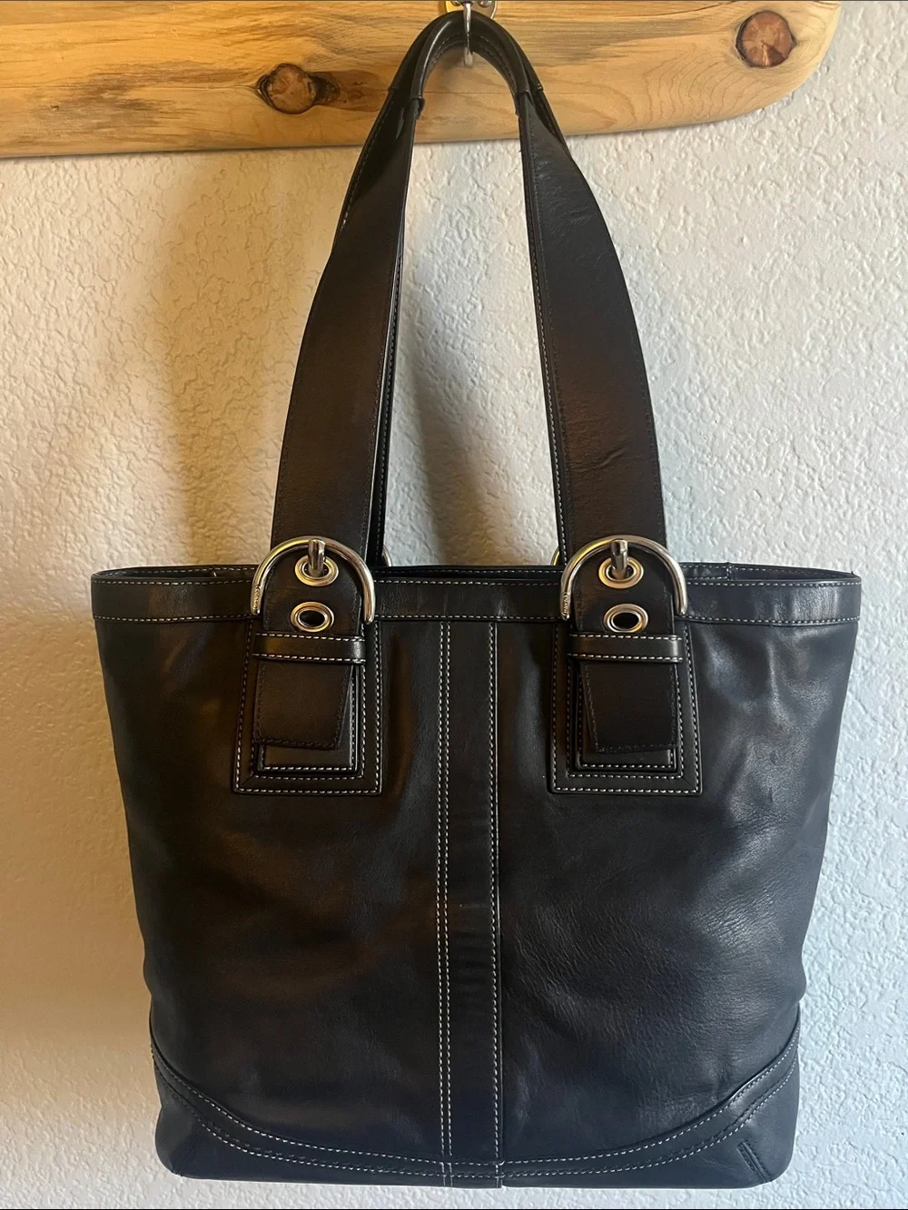 Coach Y2K Black Leather Tote Bag Silver Buckle Hardware White Contrast Stiching - Picture 6 of 16